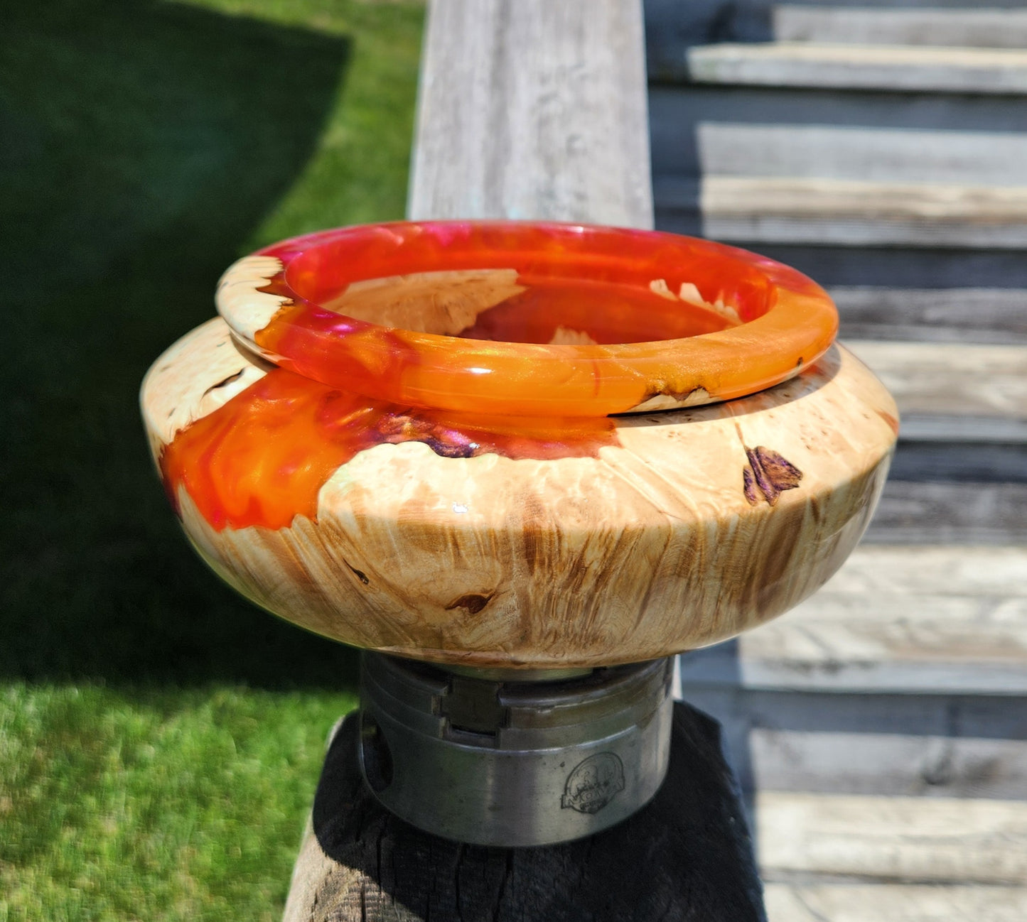 Orange resin and maple Burl bowl