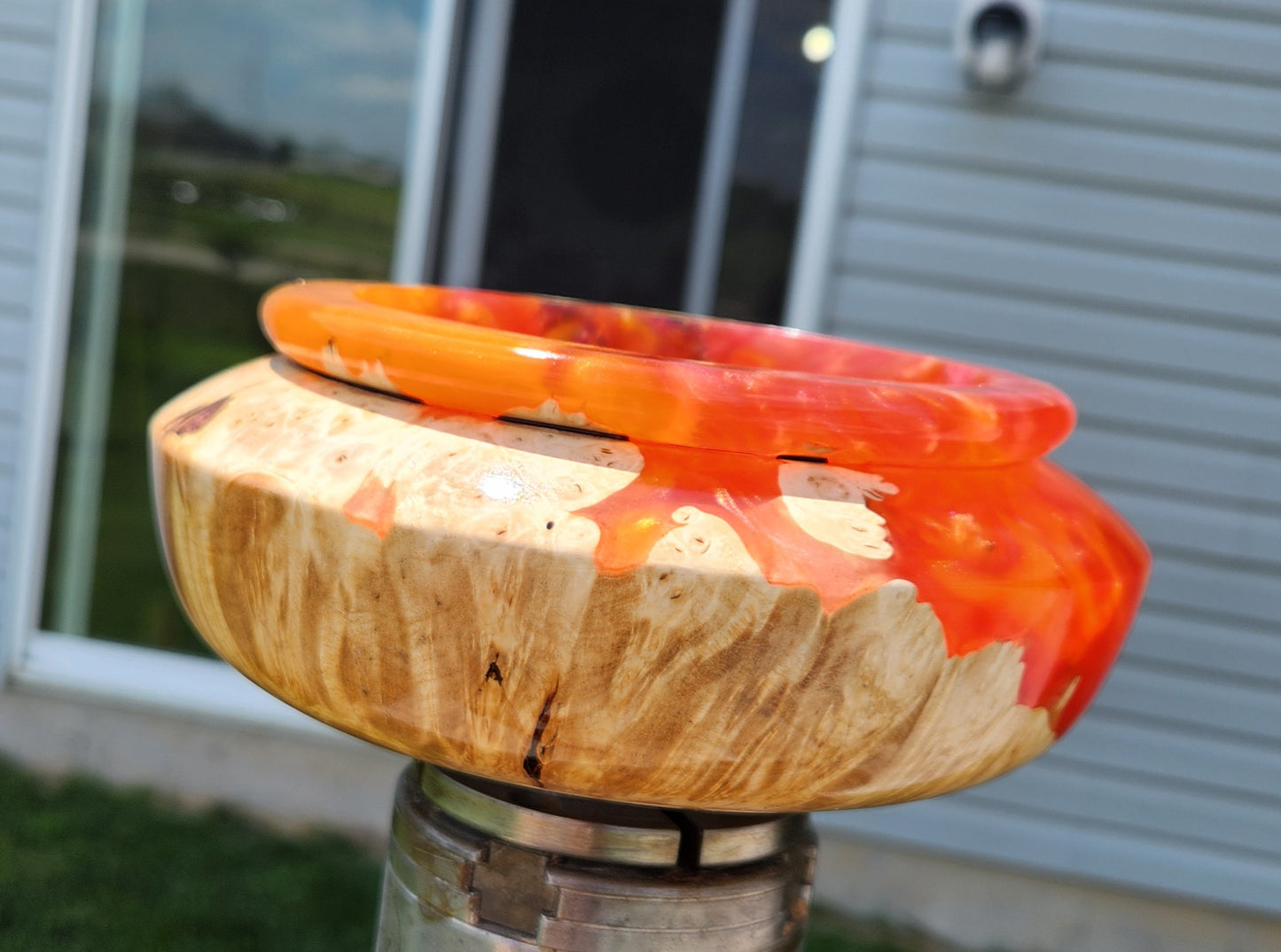 Orange resin and maple Burl bowl