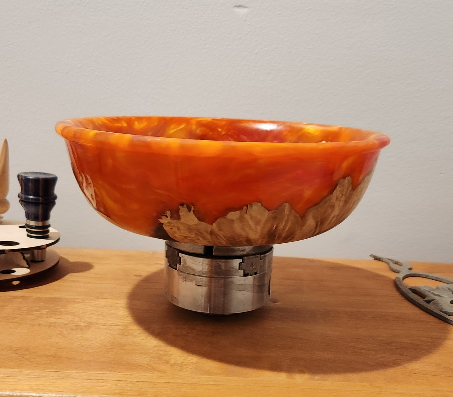 Orange resin and maple Burl bowl