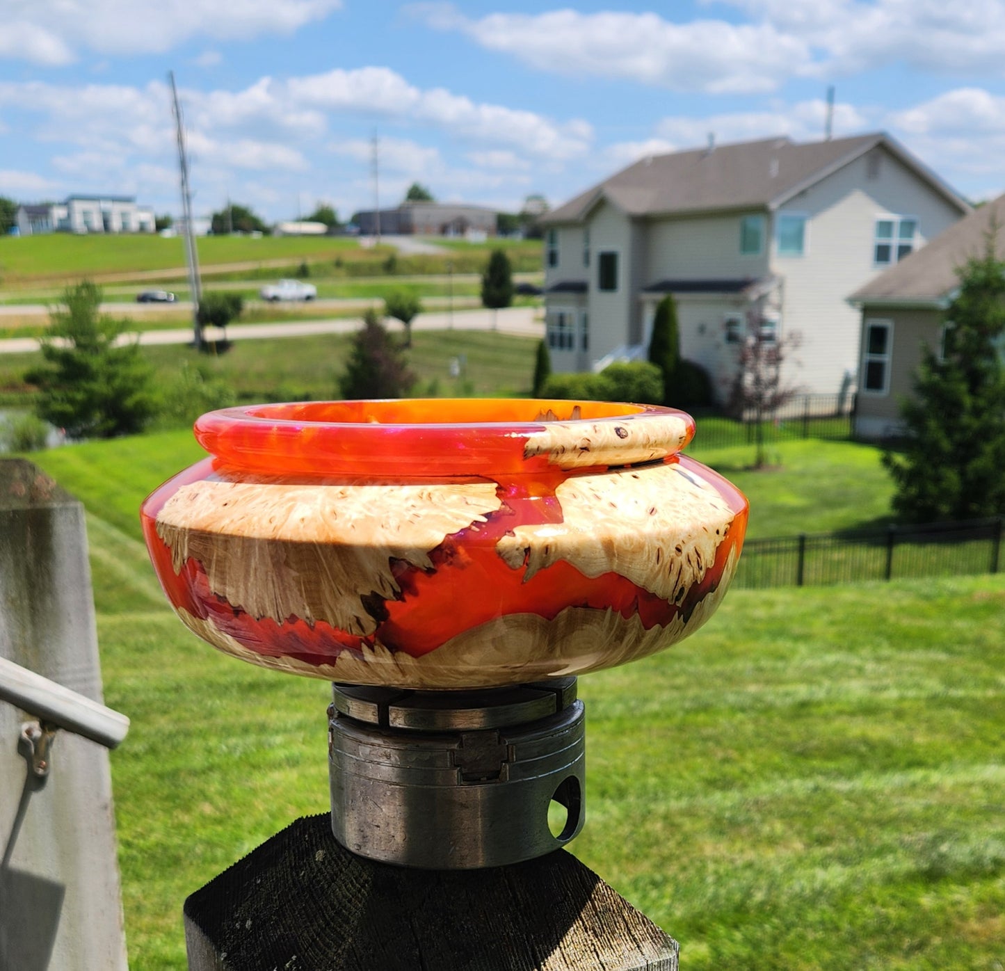 Orange resin and maple Burl bowl