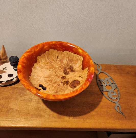 Orange resin and maple Burl bowl