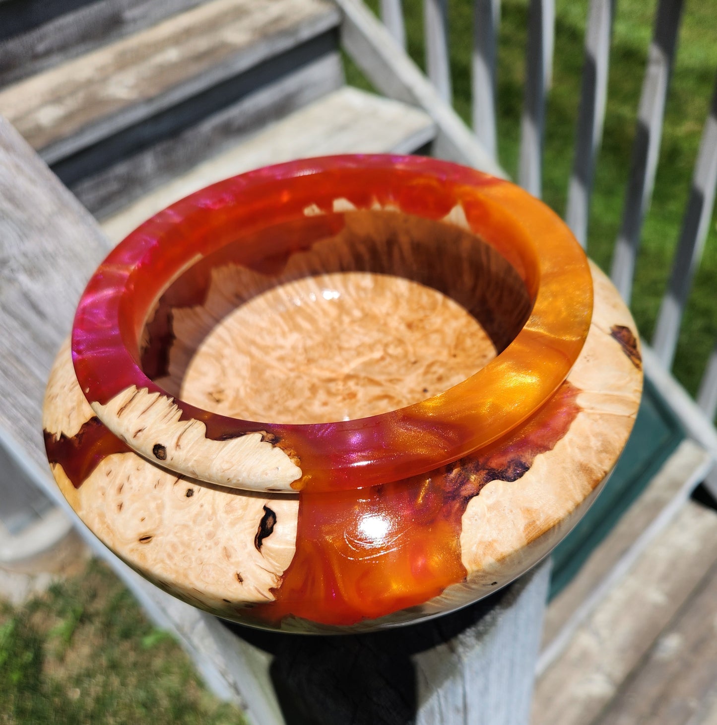 Orange resin and maple Burl bowl